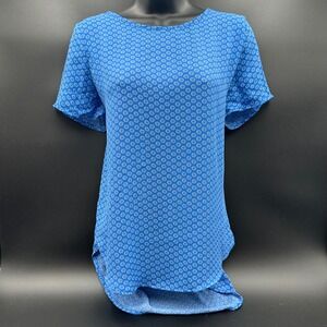 Premise Blue Floral Print Short Sleeve Top Blouse Women's